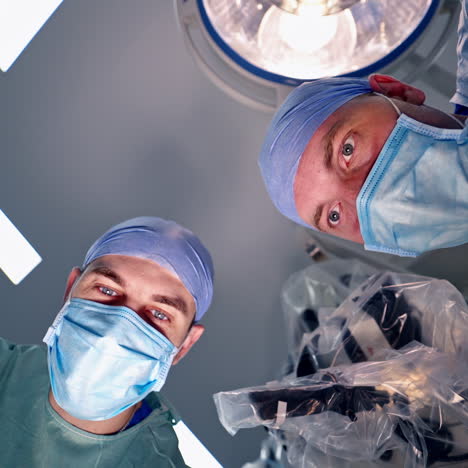 portraits of two doctors in masks. professional surgeons in medical uniform perform an operation. close-up. view from below.