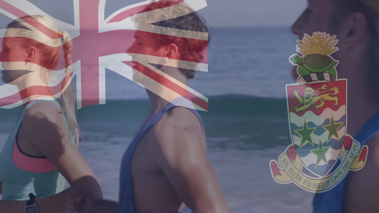 Walking on beach, people with Cayman Islands flag animation overlay in background