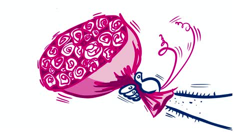 a comical cartoon animation of a bunch of pink roses held by a hairy male arm