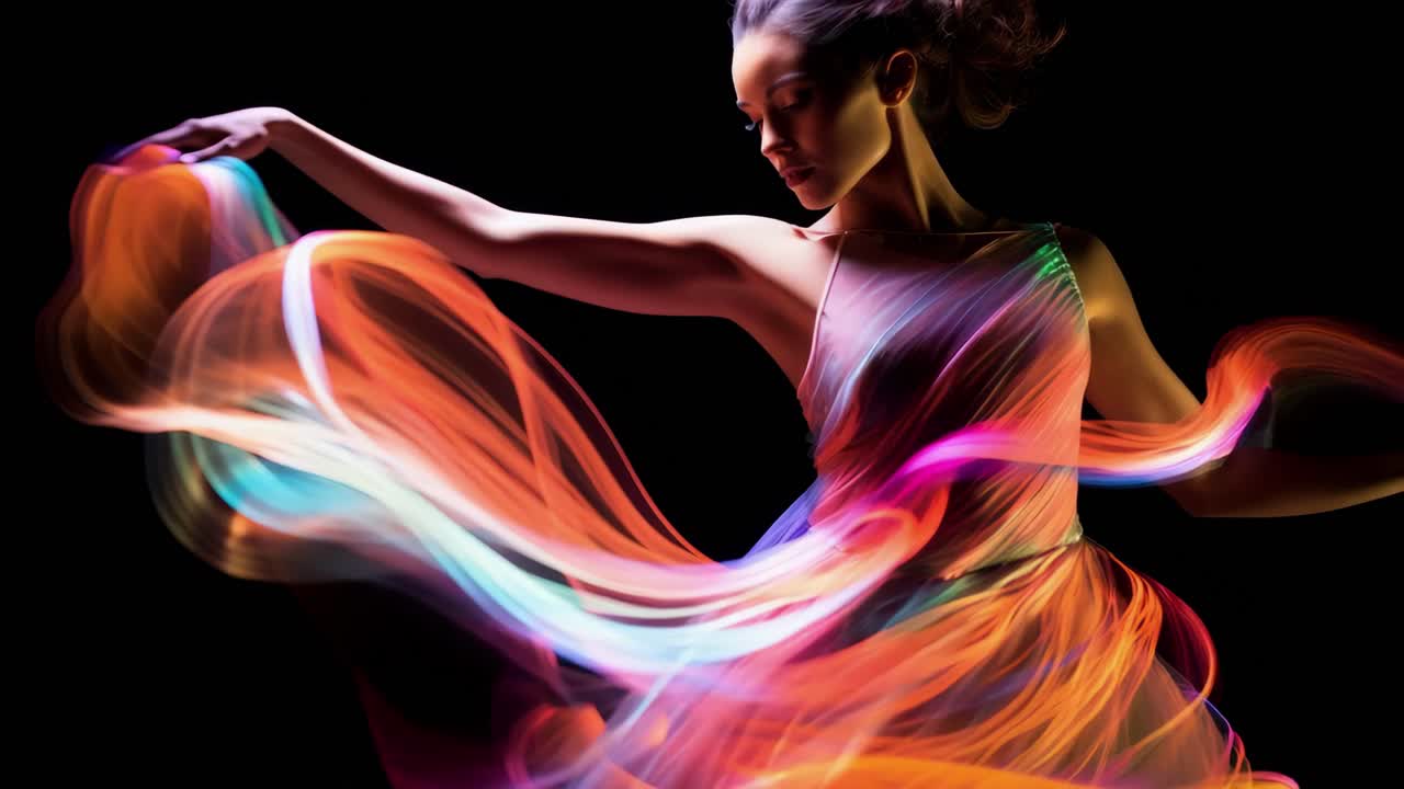Dynamic video concept of a dancer with flowing, colorful light trails