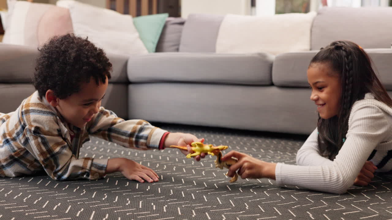 Children Playing with Dinosaurs in Living Room