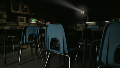 empty classroom with desks and chairs