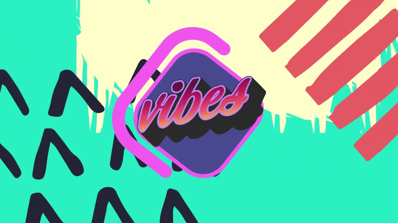 Animation of vibes text over colorful graphics and shapes