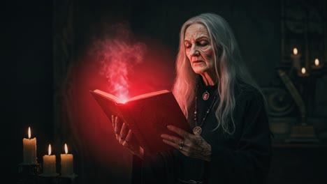 an enigmatic sorceress reading ancient spells in a dimly lit chamber, surrounded by flickering candles and mysterious magical energy