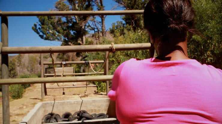 Woman exercising on outdoor equipment during obstacle course