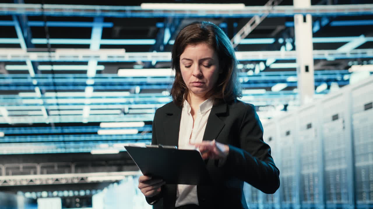 Manager del Data Center che verifica lo stato dell'infrastruttura con file e visualizzazioni olografiche.