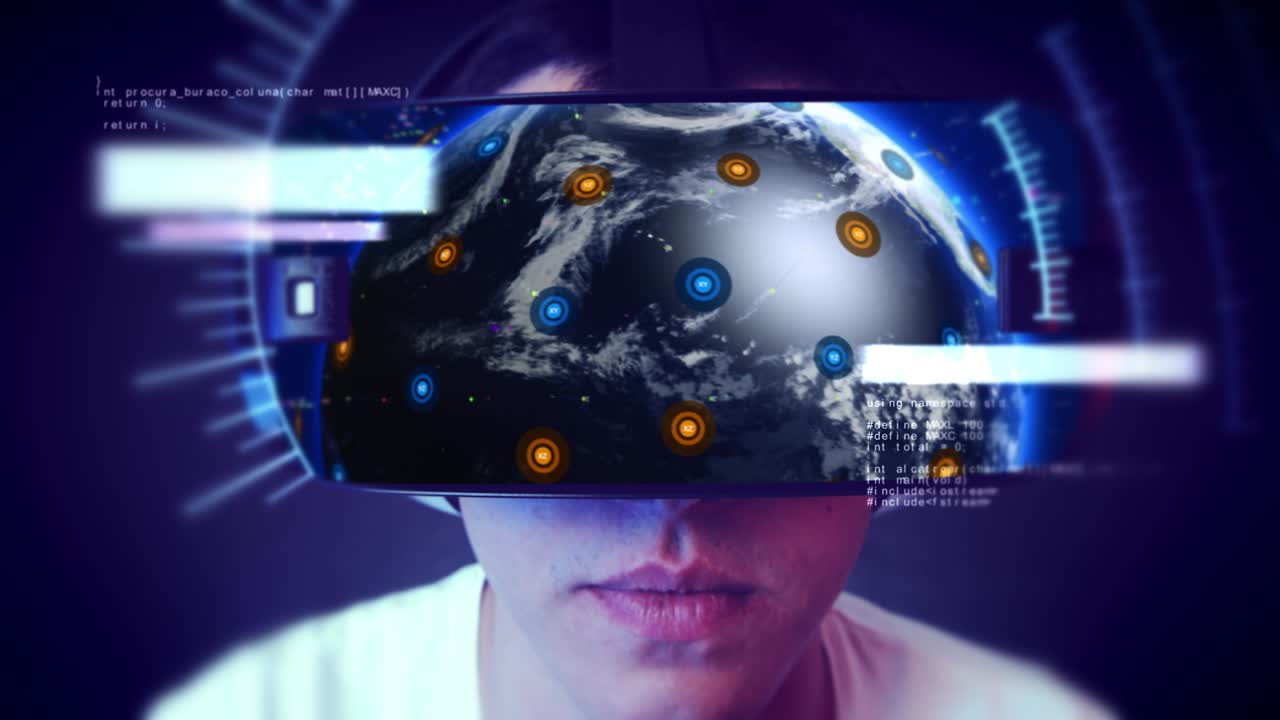 Handsome young man wearing VR headset and experiencing virtual reality.