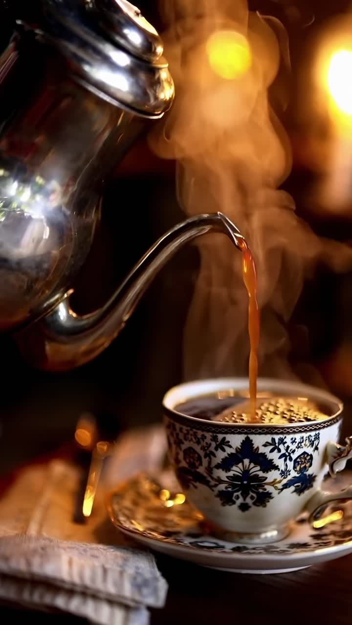 Video ravvicinato di tè versato in una tazza decorata, che cattura un'atmosfera calda e accogliente.