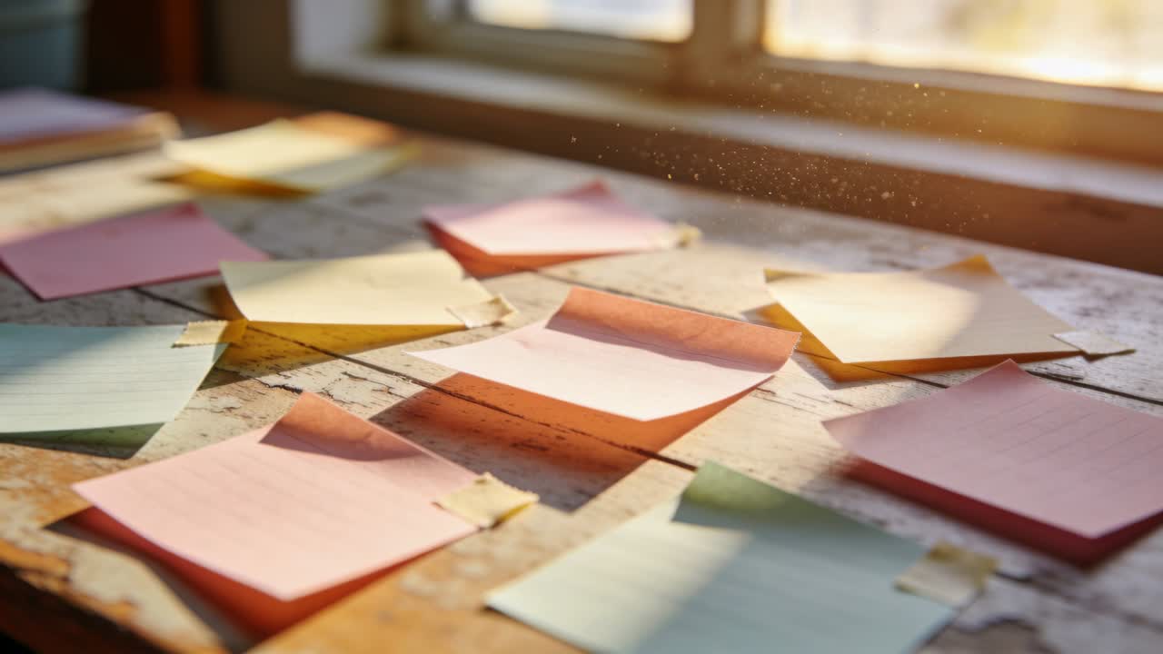 Rising sunlight and window draft causing sticky notes curling on wood desk, dust motes drifting