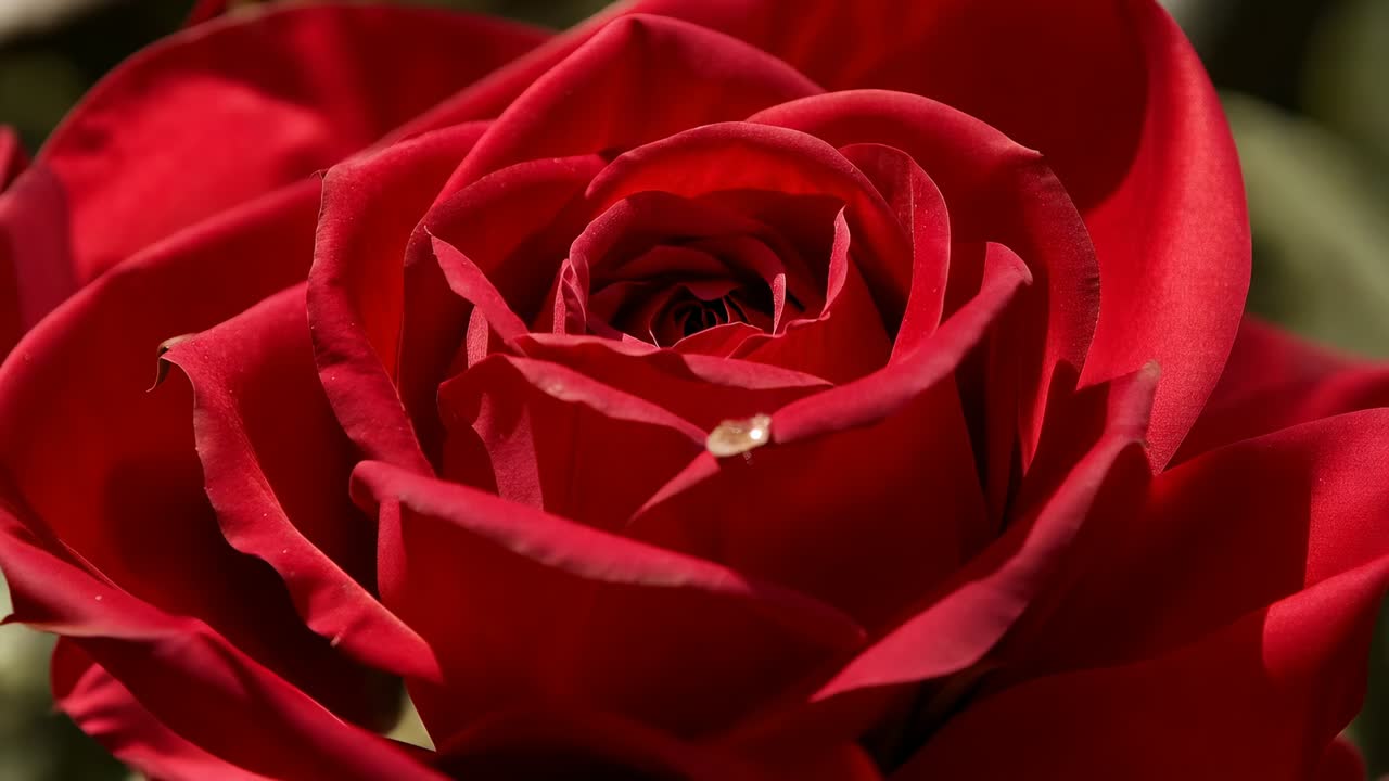 Goccia d'acqua singola che scorre lungo il petalo di una rosa rossa in giardino, con bagliori luminosi grazie alla forza di gravità