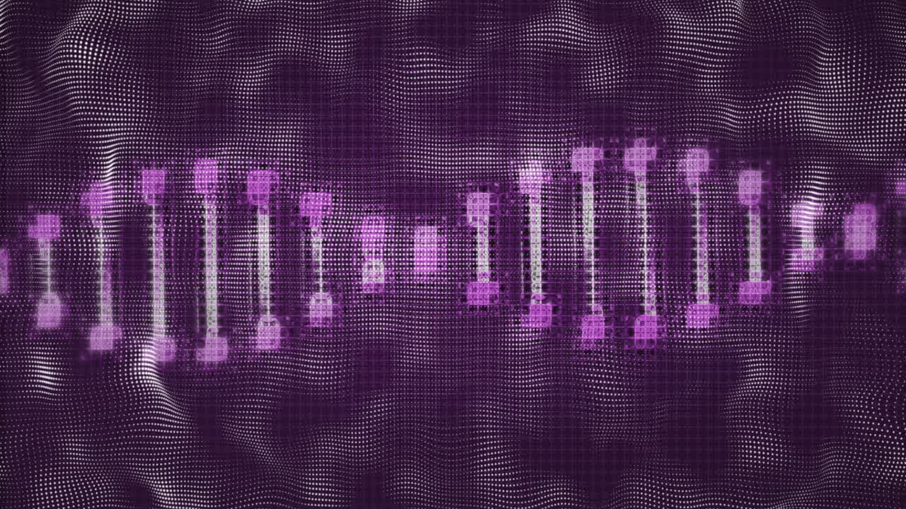 Glowing helix appearing center, tilting and moving right, pulsing while rippling mesh, showing data