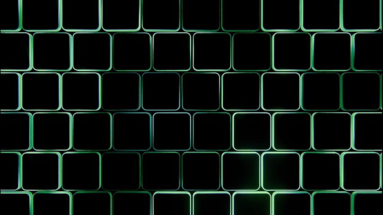Frontal close-up shows staggered rounded square cells with glossy rims, neon green and cyan highlights, deep black interiors, strong contrast, clean symmetry, modern modular texture and abstract depth