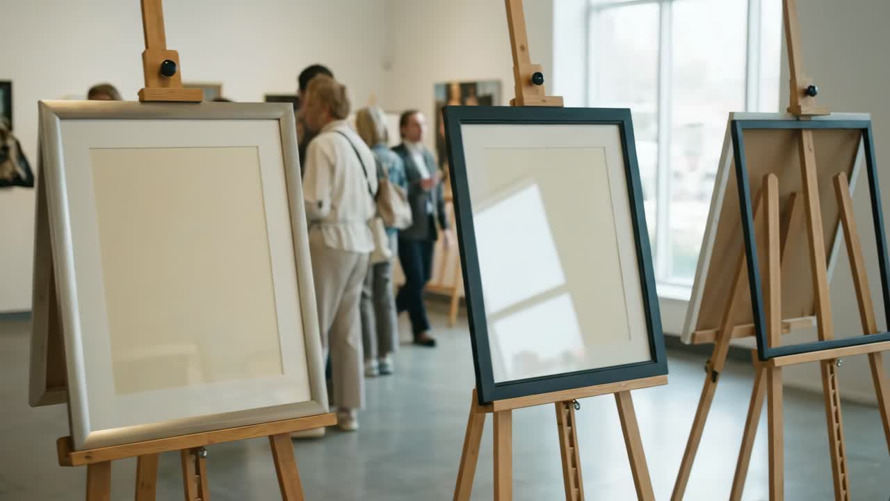 Galleria d'arte con cornici vuote su cavalletti e visitatori sfocati