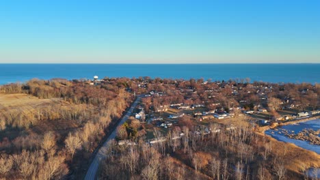 aerial view of stony point residential area along lake erie shoreline, michigan, usa
