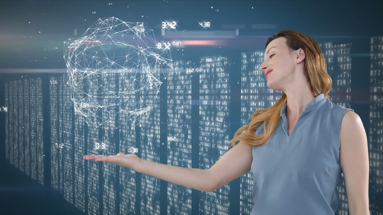 una mujer presenta un modelo de globo 3d que destaca las conexiones de la economía global y la tecnología.