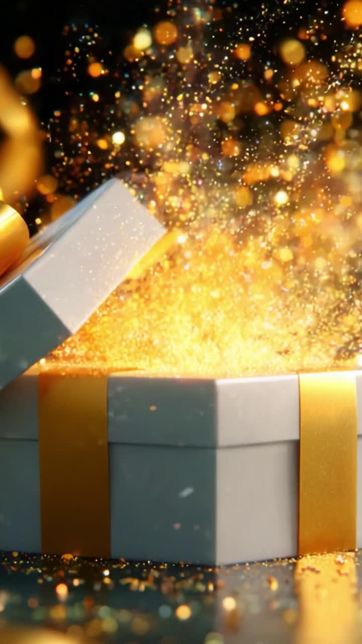 A Stunning Gift with a Glittering Surprise: The Captivating Moment of a Present Opening Revealing a Burst of Sparkling Gold Dust That Captures the Essence of Celebration and Joy in Every Frame