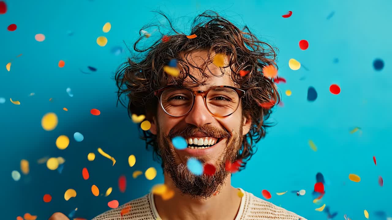 Uomo ride mentre i coriandoli gli cadono intorno. Un uomo sorride e ride mentre coriandoli colorati gli cadono intorno. Si trova davanti a uno sfondo blu.