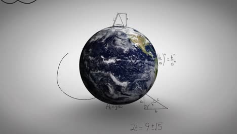 Animation-of-mathematical-equations-over-spinning-globe-against-grey-background