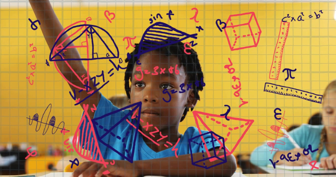 Vertical video: Raising hand after gazing boy in blue answering at desk with book and math doodles