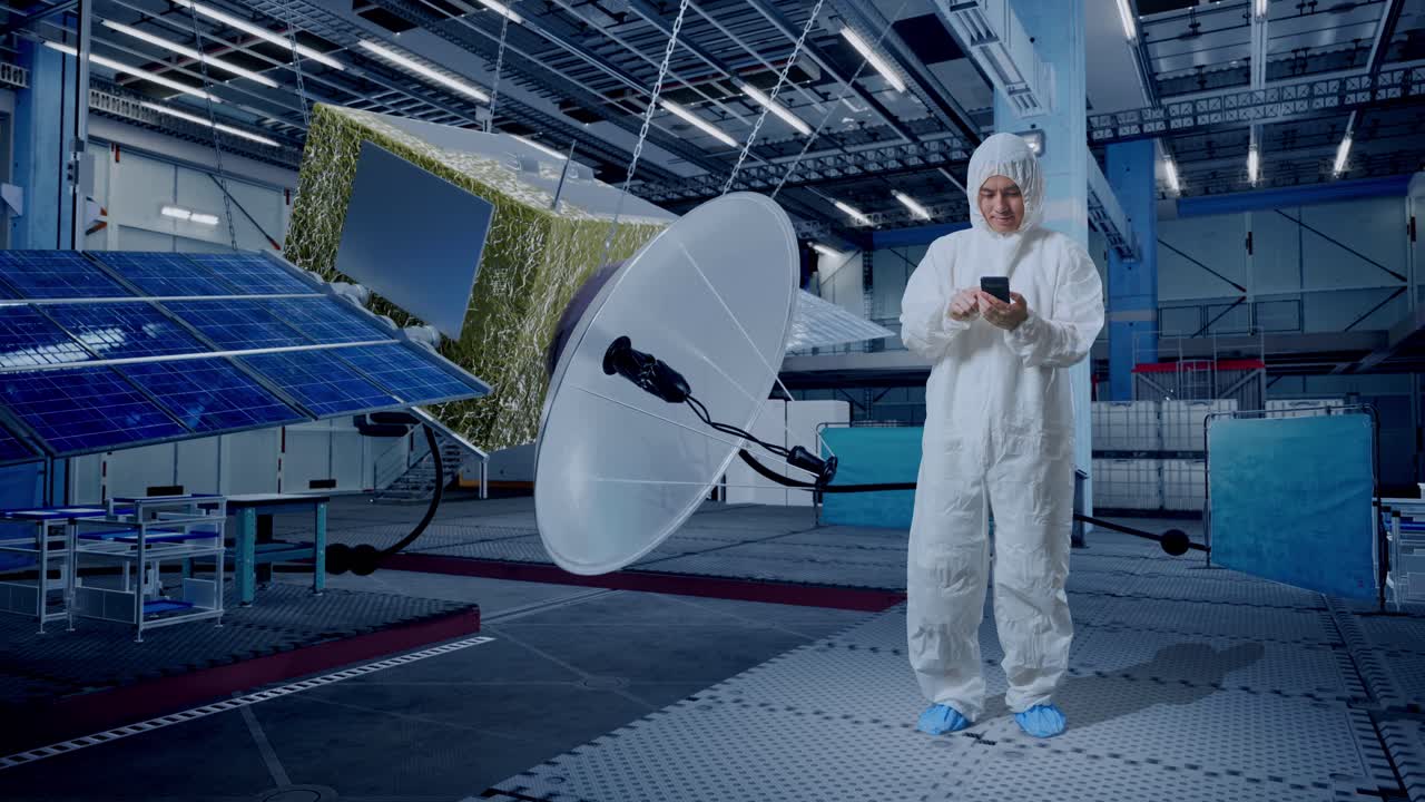 cuerpo lleno de científico masculino asiático usando teléfono inteligente mientras está de pie con la construcción de la nave espacial