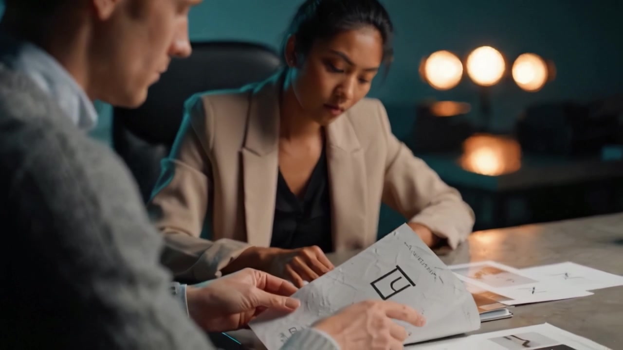 Professional Collaboration: Two Individuals Engaged in a Creative Discussion Over Visual Designs on a Modern Workspace Table, Emphasizing Teamwork and Innovation.