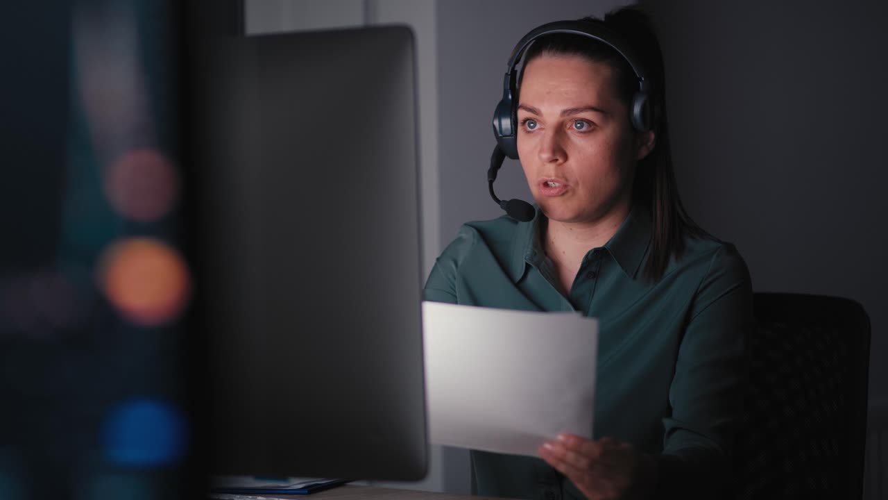 mujer caucásica adulta trabajando hasta tarde en la oficina