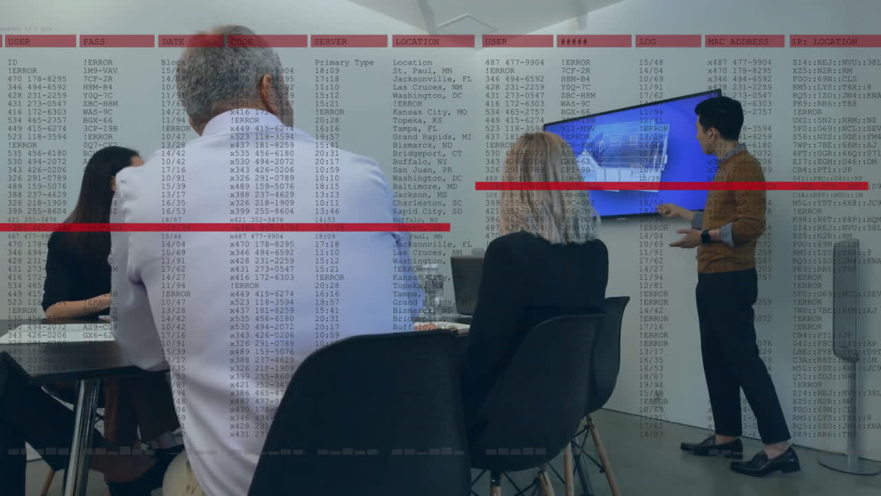 animación del procesamiento de datos financieros sobre diversas personas de negocios en la oficina