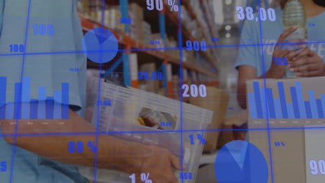 animación del procesamiento de datos financieros sobre diversos voluntarios que ayudan en el almacén