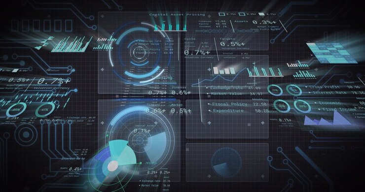 Data dashboard initiating refresh for metrics, rotating gauges growing cyan wedge updating charts