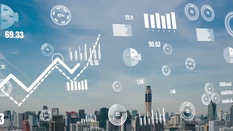 business data analytic interface fly over smart city showing alteration future