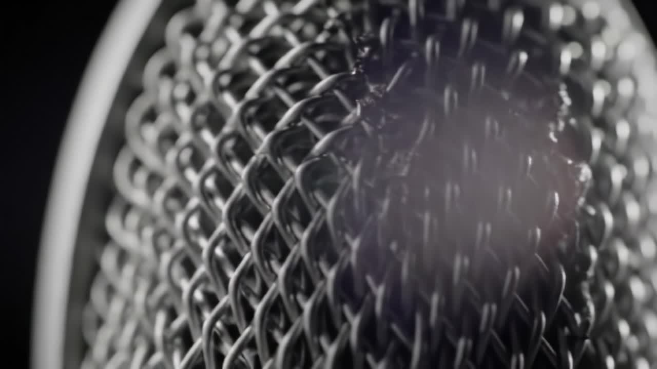 Close-Up of a Microphone Grill Showcasing Intricate Metal Mesh Design and Textures in High Definition against a Dark Background