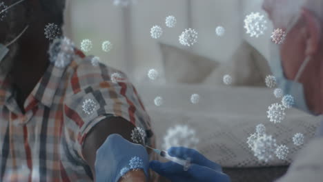 animación de células de covid-19 sobre un hombre que recibe la vacunación usando una máscara facial