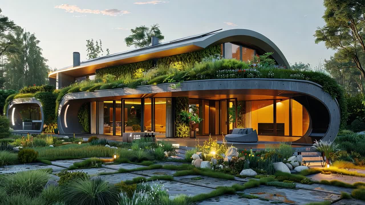 Stunning Modern House with Green Roof and Lush Garden