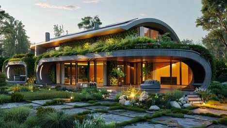stunning modern house with green roof and lush garden