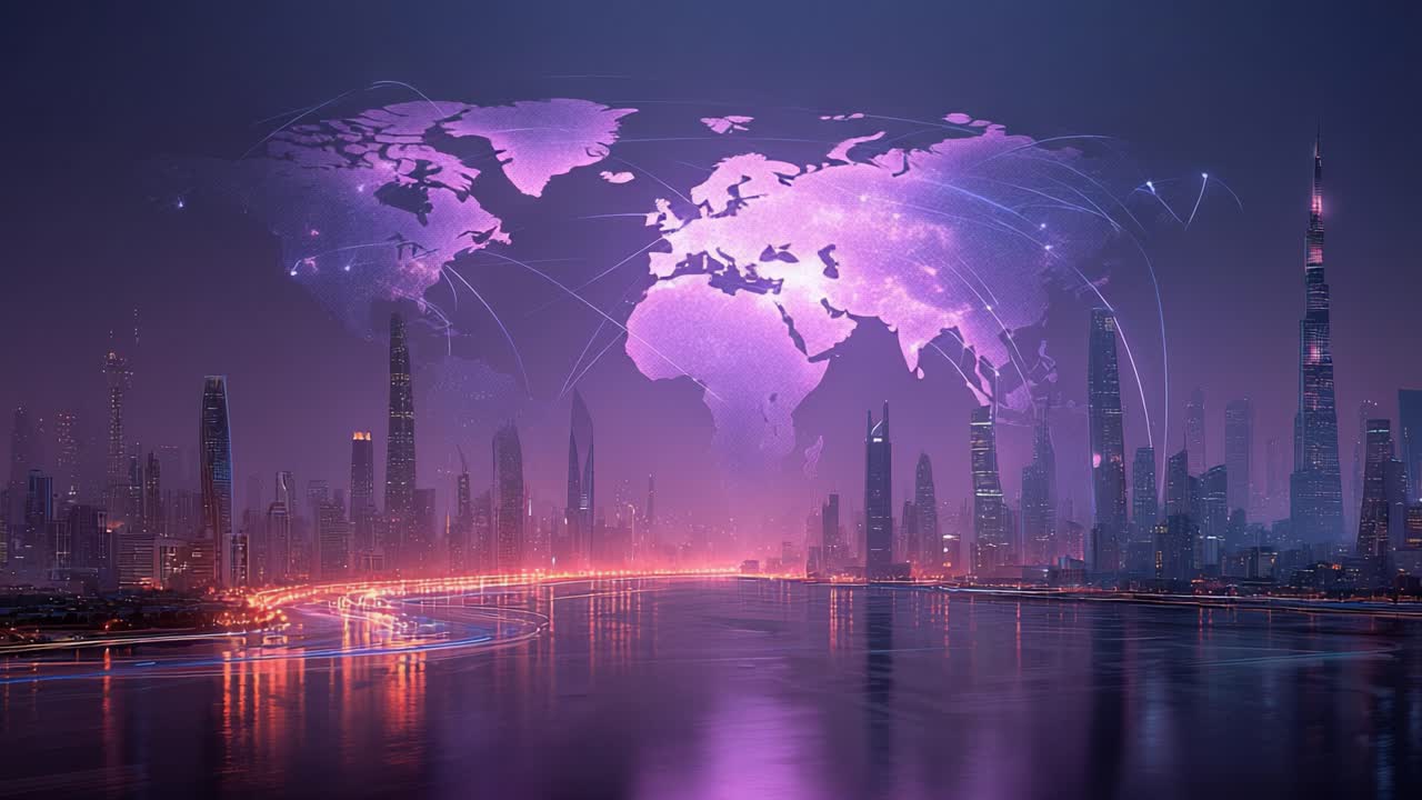 Glowing purple world map with network connection lines hovering above a futuristic city skyline with illuminated skyscrapers, busy highway traffic, and light reflections on the water's surface