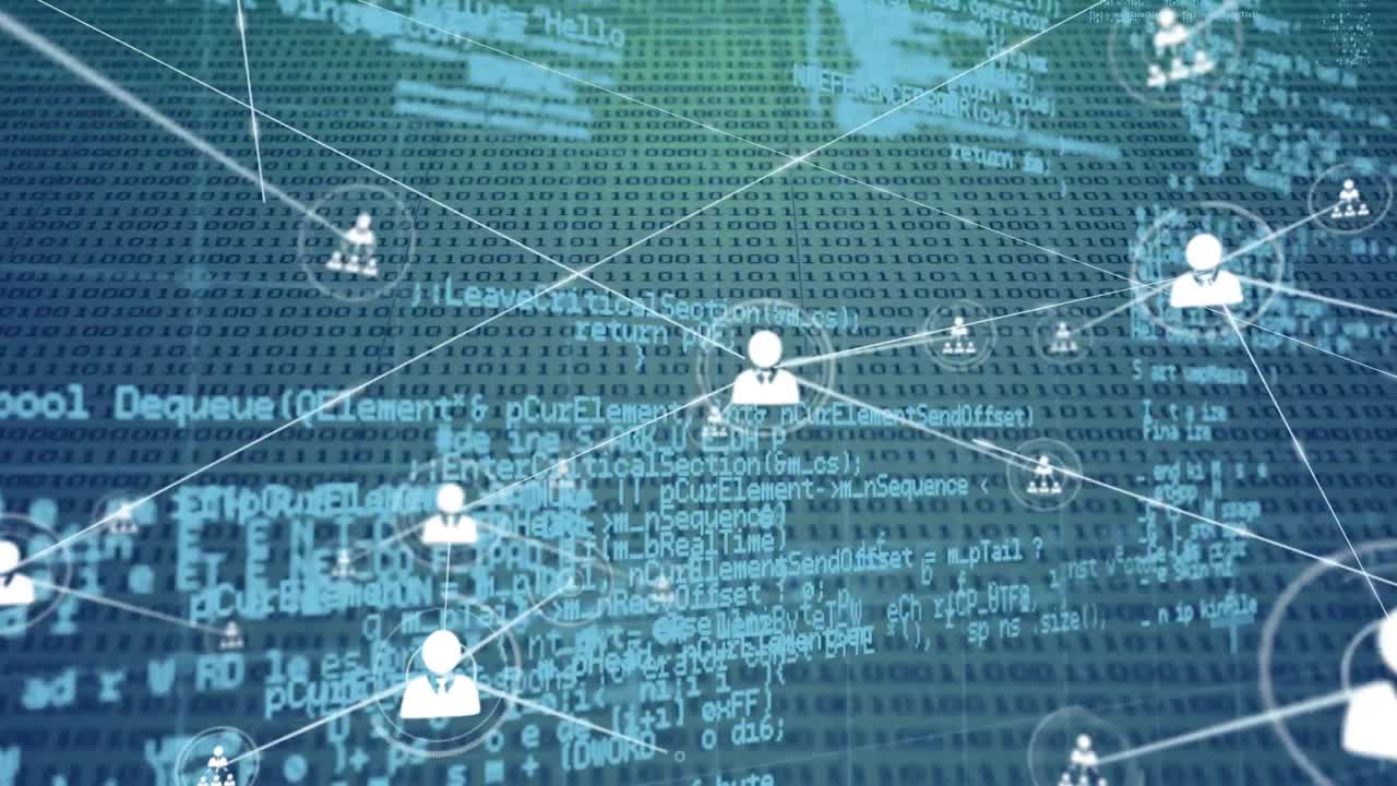 Animation of network of connections with icons over data processing on blue background