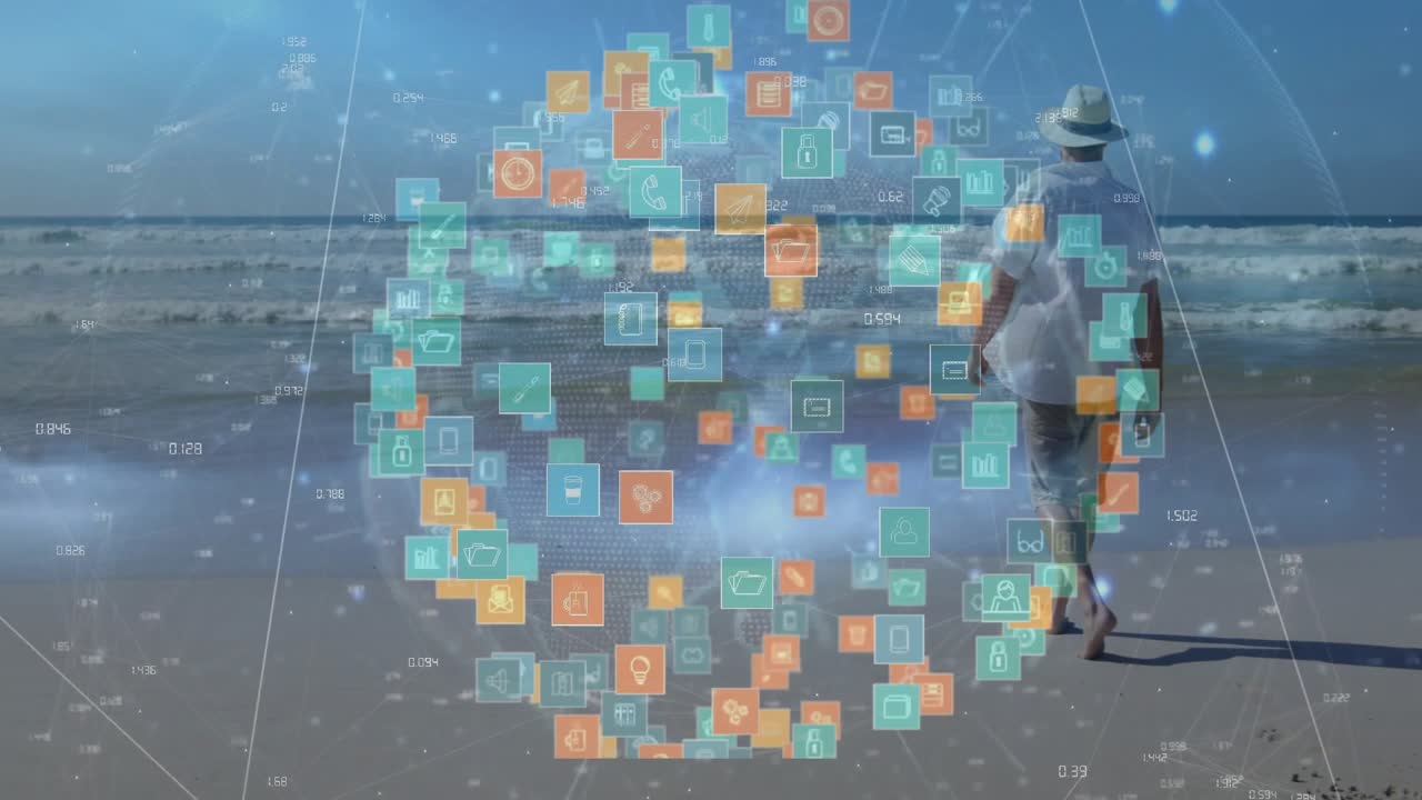 Holographic sphere pulsing into view showcasing technology icons as man walking barefoot past beach