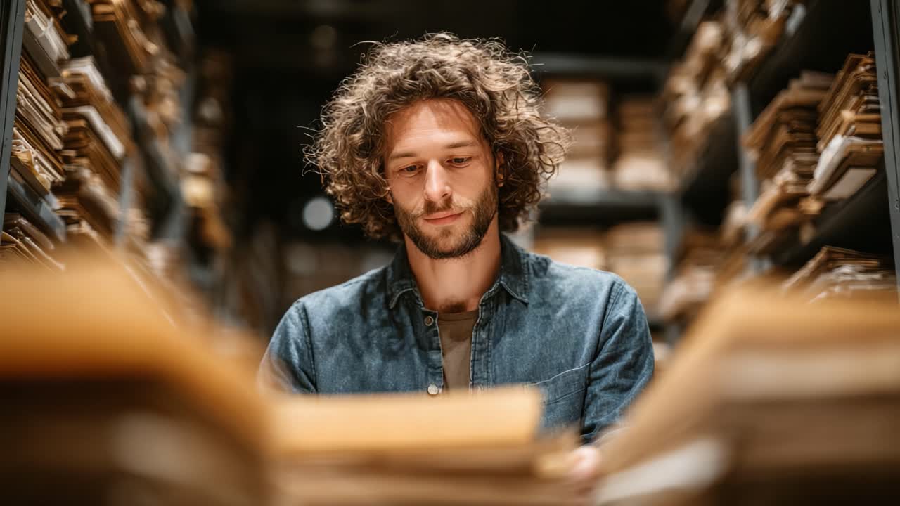 Eine konzentrierte Person untersucht alte Dokumente in einem riesigen Archiv, umgeben von Regalen voller historischer Aufzeichnungen und Papiere, was die Bedeutung von Forschung und Bewahrung unterstreicht.
