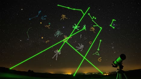 a captivating night sky with constellations rendered in vibrant colors and laser beams, showcasing the beauty of astronomy and stargazing imagination