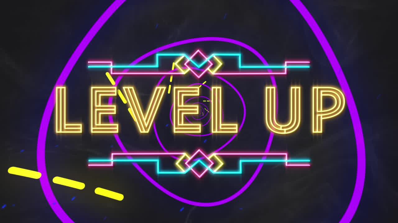 Digital animation of neon level up text over glowing tunnel against black background