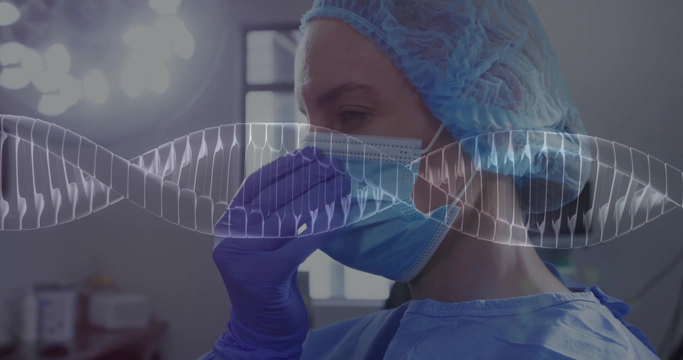 Senior female surgical professional adjusting face mask in operating suite, with DNA helix overlay