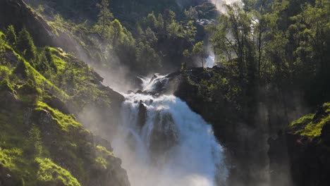 latefossen is one of the most visited waterfalls in norway and is located near skare and odda in the region hordaland, norway. consists of two separate streams flowing down from the lake lotevatnet.