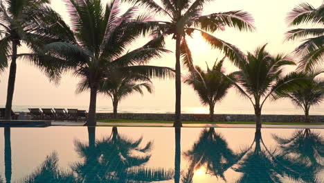 Siluetas-De-Palmeras-Y-Reflejos-En-El-Agua-De-La-Piscina-Infinita,-Serenidad-Tropical-En-La-Luz-Del-Sol-De-La-Hora-Dorada,-Fotograma-Completo-Estático