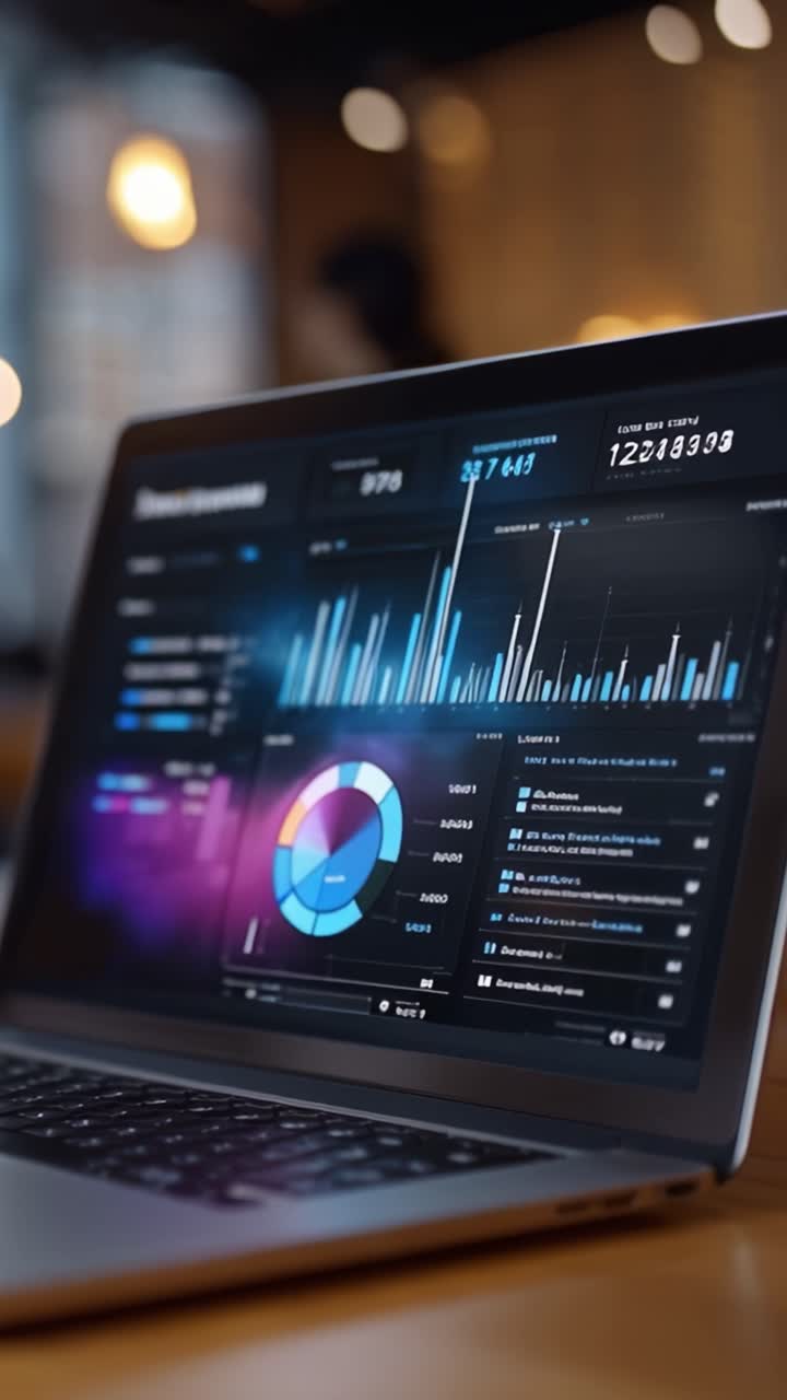 Advanced Data Visualization Dashboard Showcasing Dynamic Graphs and Metrics on a Laptop in a Modern Workspace Environment with Stunning Visual Graphics and Interaction