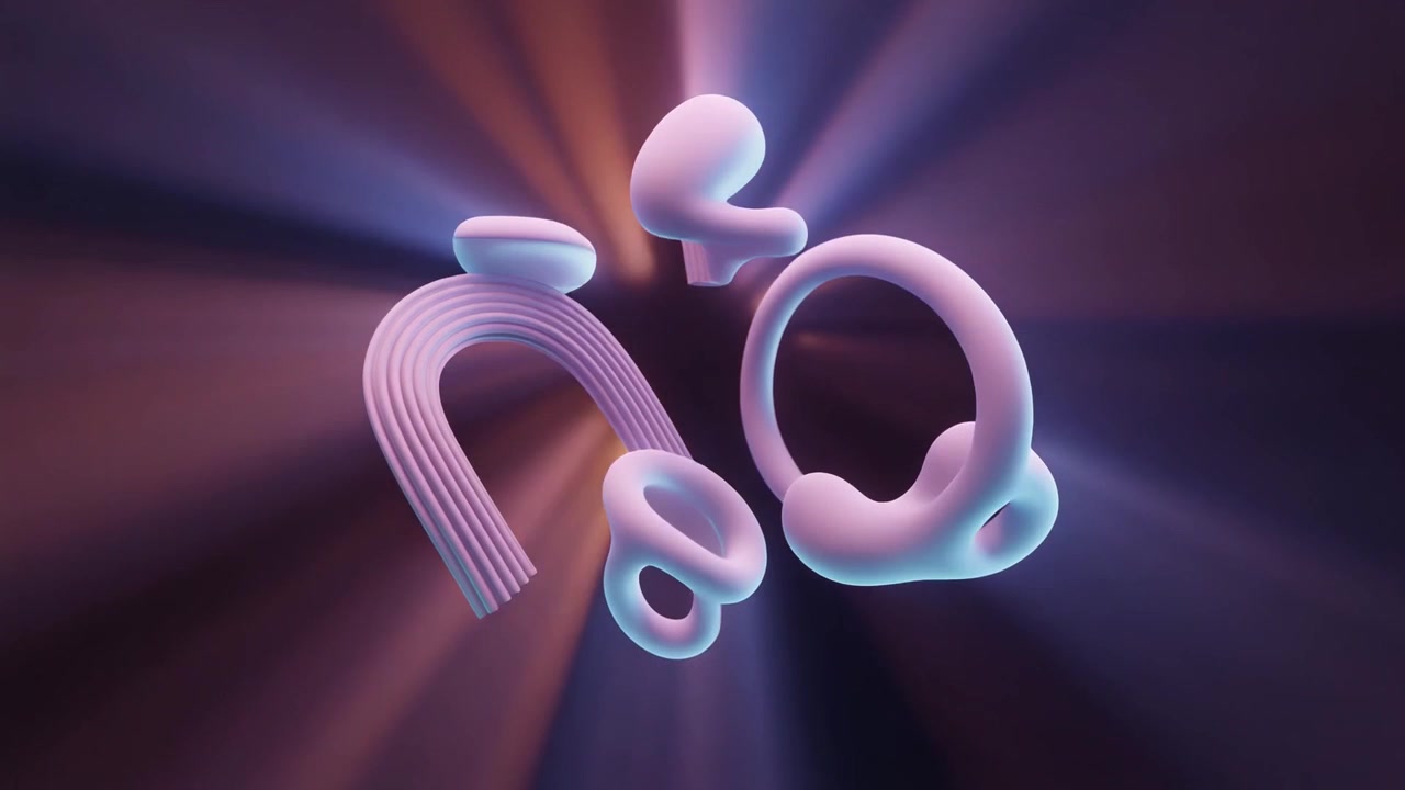Abstrakte 3D-Formen, schwebend in leuchtenden Lichtstrahlen