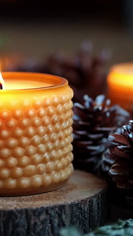 three candles are lit on a wooden table with pine cones in the background. the candles are yellow and have a round shape. the scene creates a warm and cozy atmosphere