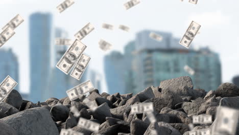 animation of dollar banknotes over rocks and cityscape