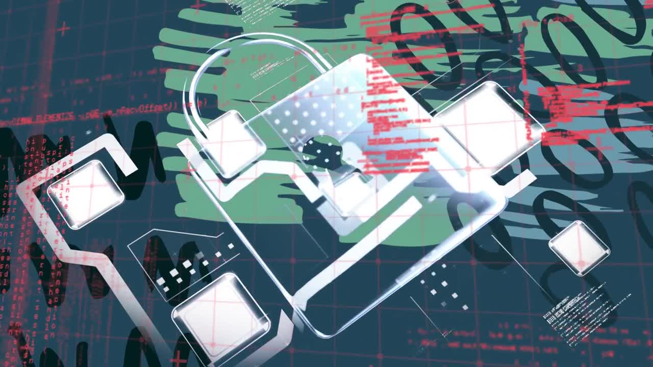 파란색 배경의 추상적인 모양에 대한 보안  ⁇ 락 아이콘을 통해 데이터 처리