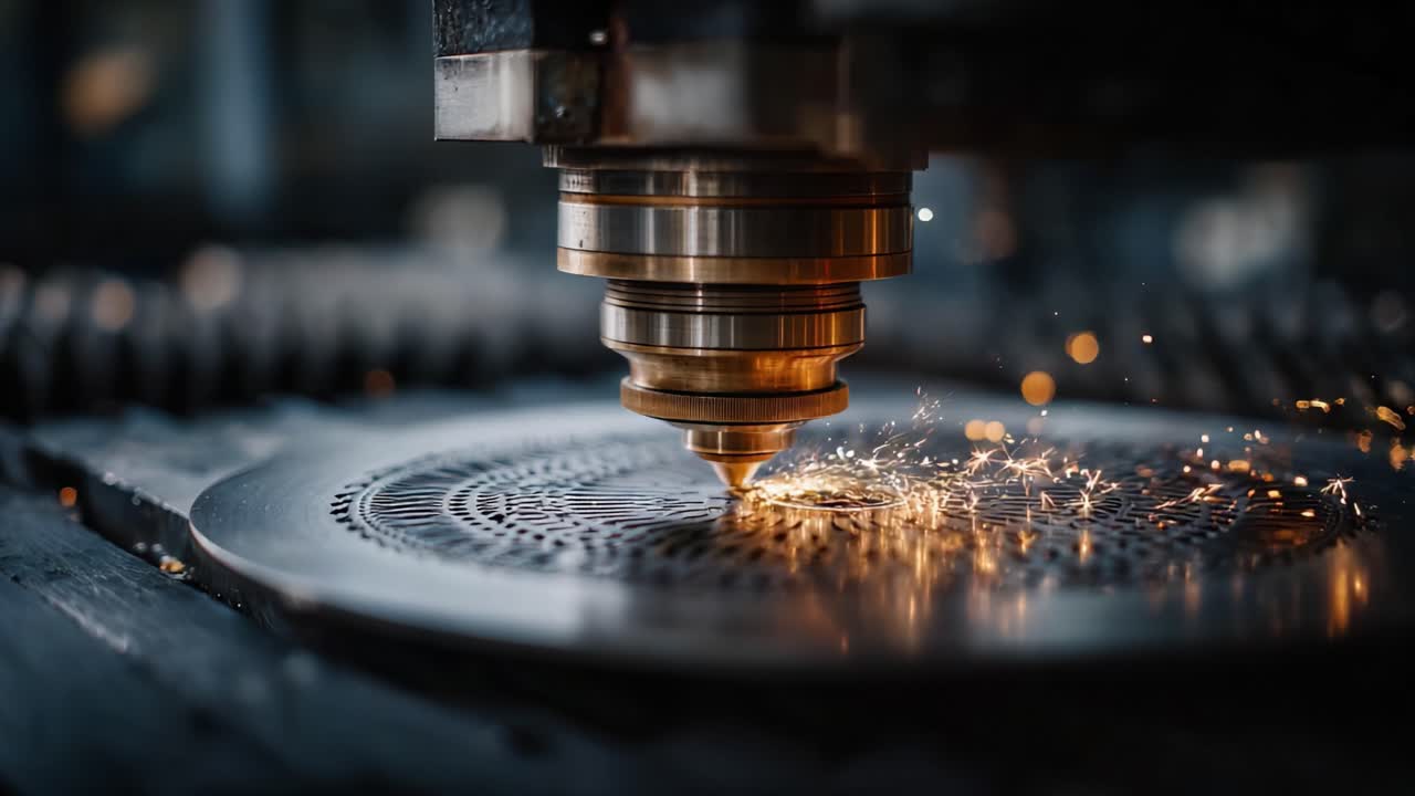 Precision Laser Cutting Process: Sparks Fly as Advanced Machinery Engages in Intricate Metal Work, Showcasing the Fusion of Technology and Craftsmanship in Industrial Manufacturing