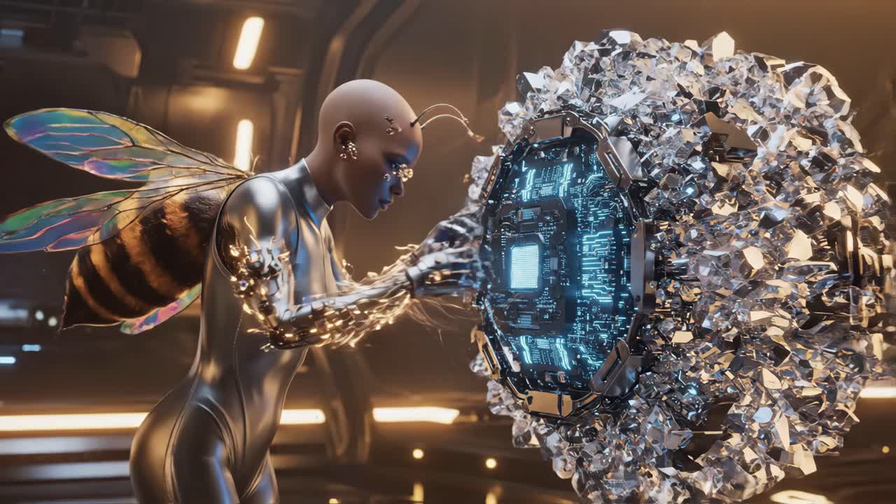 Futuristic Cyborg Bee Woman Working on Technology